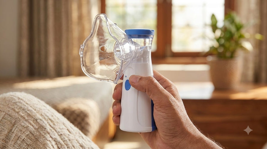 A hand holding the compact white and blue mesh nebuliser with its clear mask attached