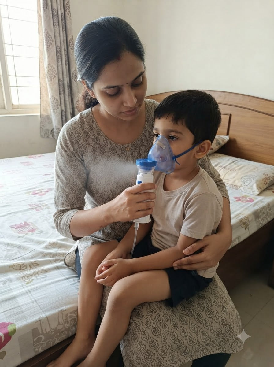 A parent helping a young child use the mesh nebuliser mask while sitting together on a bed at home