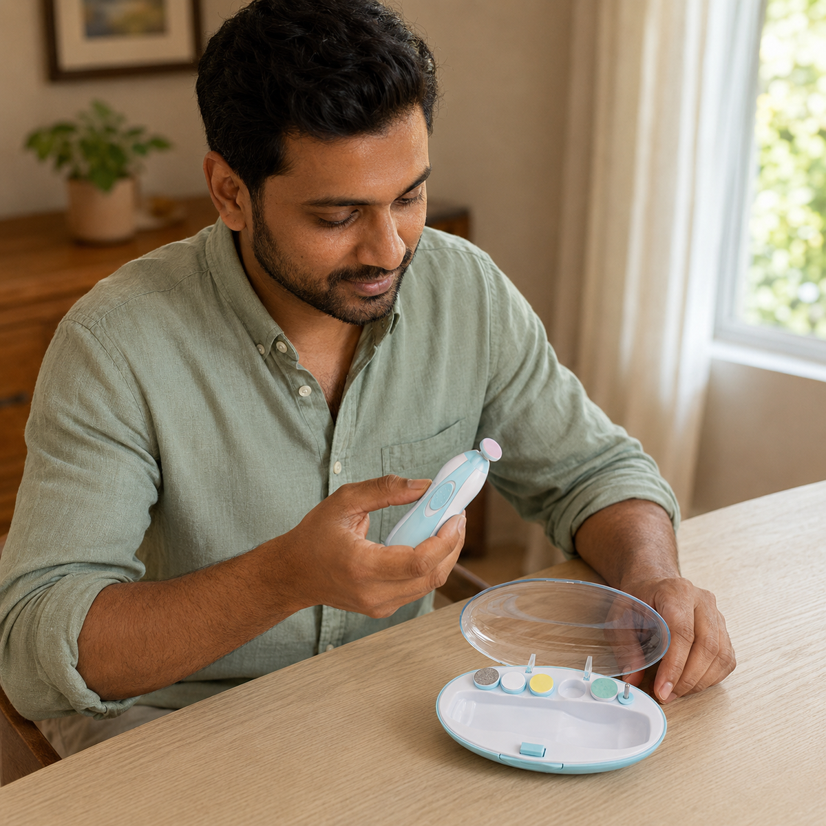 Man preparing the Baby Nail Care Kit