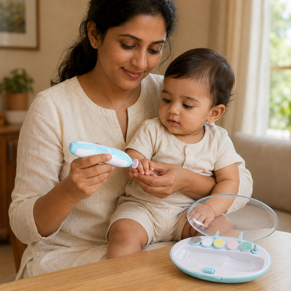 Indian mother using Baby Nail Care Kit with one-year-old baby at home