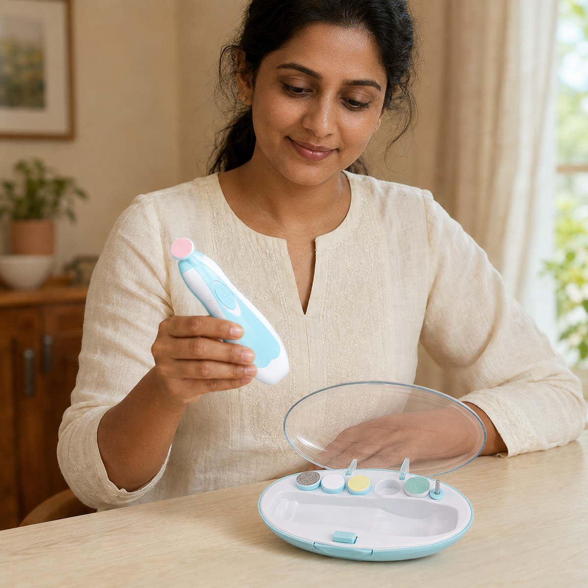 An adult holding the baby nail grinder beside its open oval case of coloured filing pads