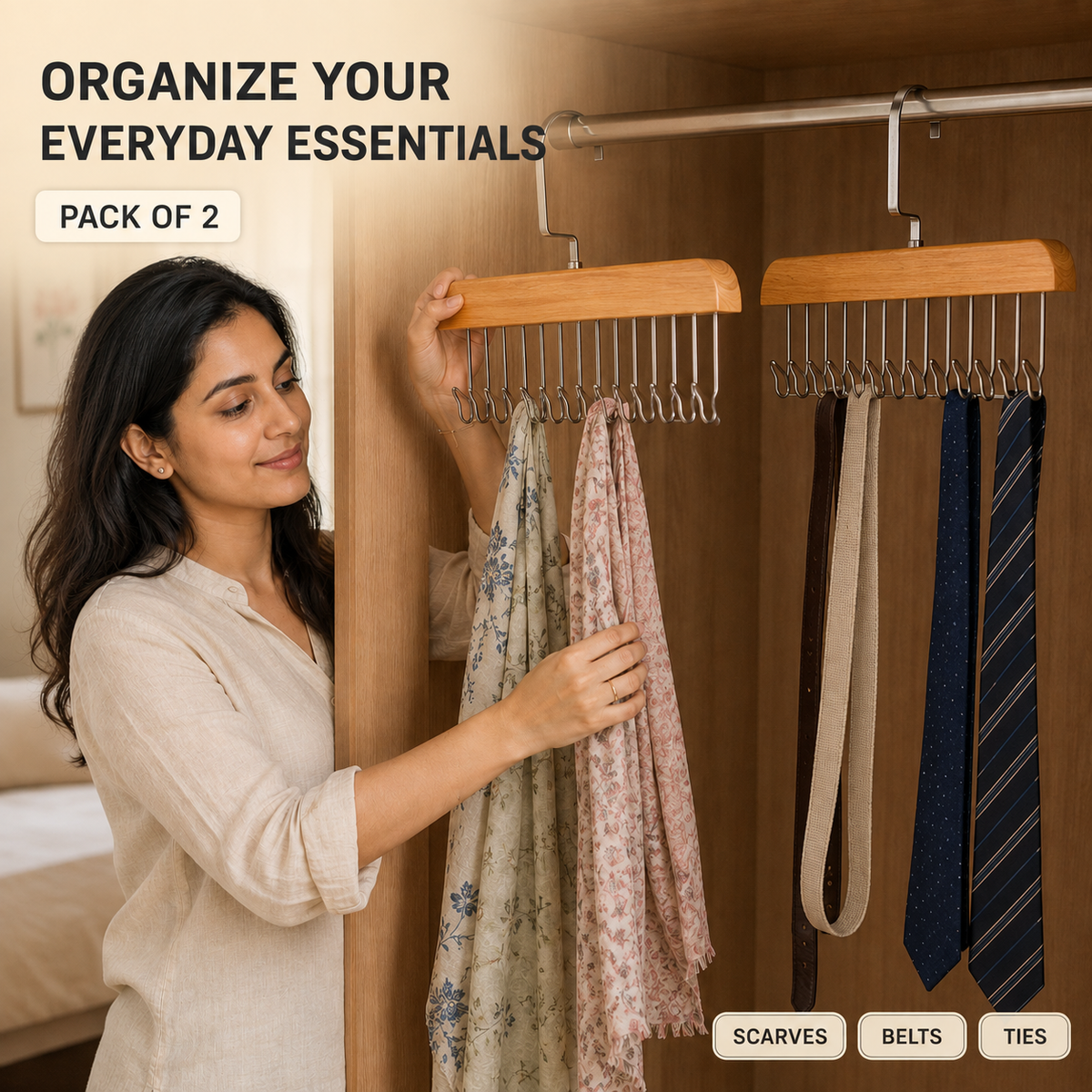 Wooden hangers with metal hooks shown from the front on a plain background