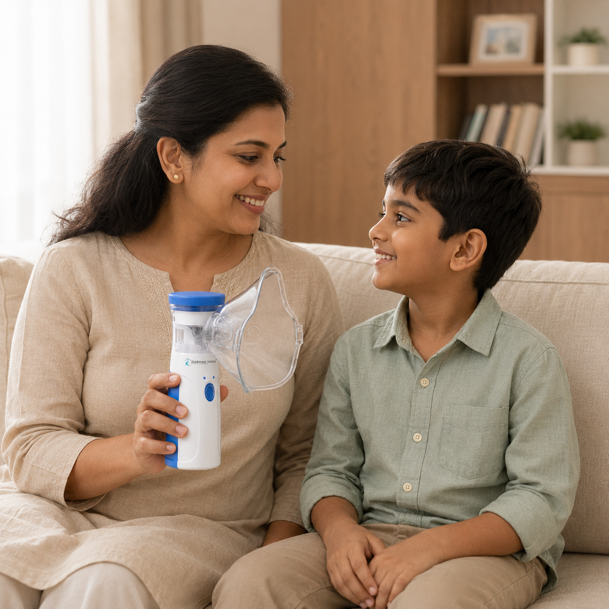 Indian mother holding portable nebulizer beside child at home