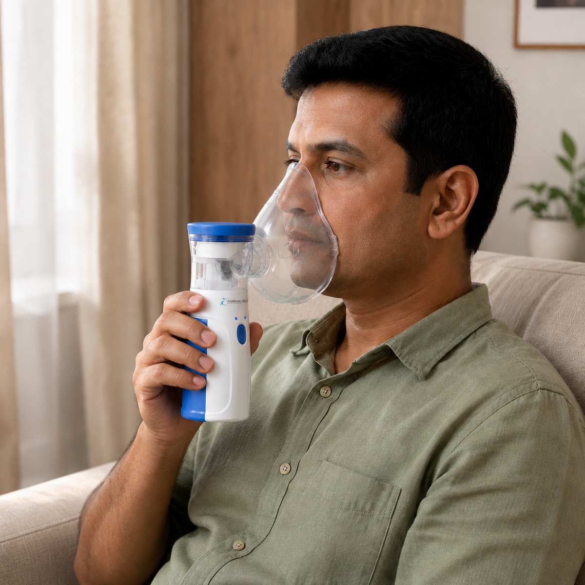 Man holding a portable mesh nebulizer with connected mask
