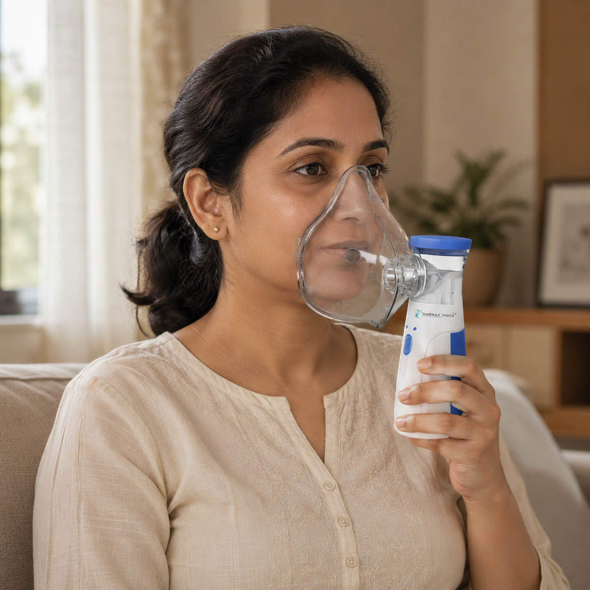 Woman holding a portable mesh nebulizer with connected mask