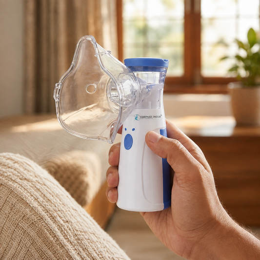 Hand holding a portable mesh nebulizer in a home setting