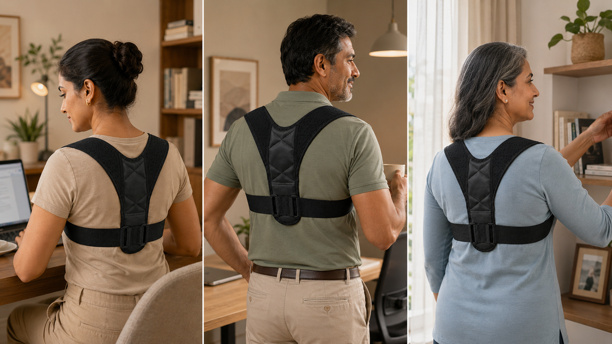 A person wearing the adjustable posture corrector over everyday clothing while working, standing and moving around at home
