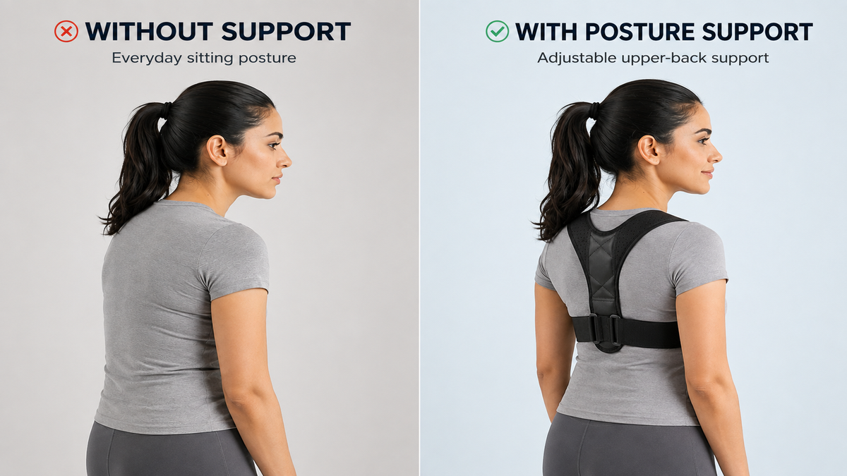Comparison of posture without support and with the adjustable posture corrector