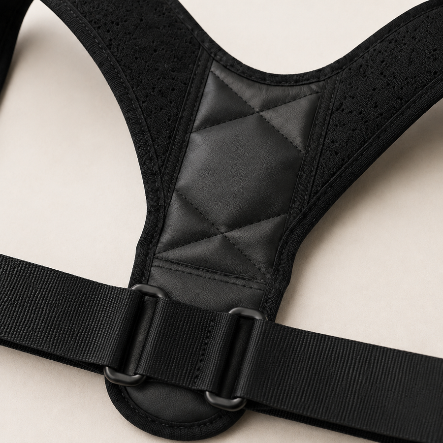 Close-up of the posture corrector showing its padded back panel, perforated shoulder straps and adjustment buckles